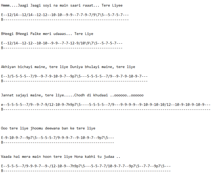Tere Liye Single String Guitar Tabs - Atif Aslam